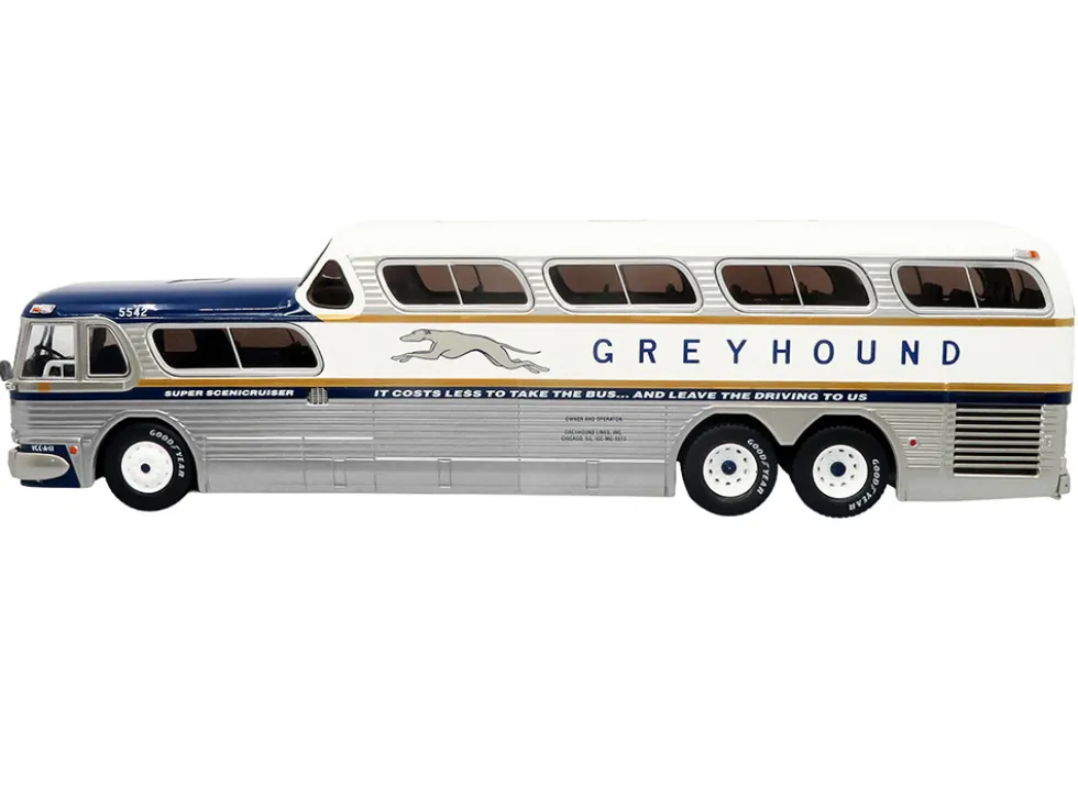 GM PD-4501 Scenicruiser Coach Bus "Greyhound Bus Lines - 50th Anniversary" Raw Metal with Blue and White Top and Gold Stripes "The Bus & Motorcoach Collection" 1/43 Plastic Model by Iconic Replicas