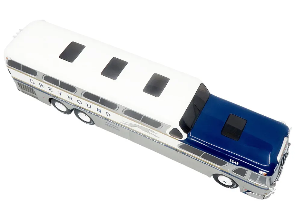 GM PD-4501 Scenicruiser Coach Bus "Greyhound Bus Lines - 50th Anniversary" Raw Metal with Blue and White Top and Gold Stripes "The Bus & Motorcoach Collection" 1/43 Plastic Model by Iconic Replicas