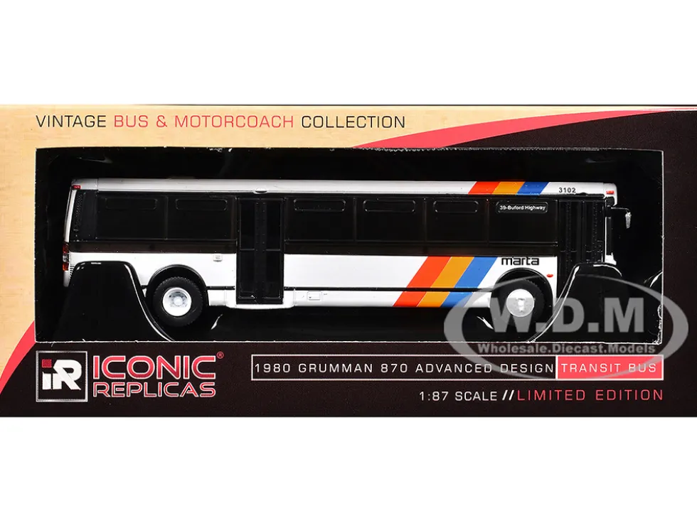 1980 Grumman 870 Advanced Design Transit Bus "MARTA Atlanta" White with Stripes "Vintage Bus & Motorcoach Collection" Limited Edition 1/87 (HO) Diecast Model by Iconic Replicas