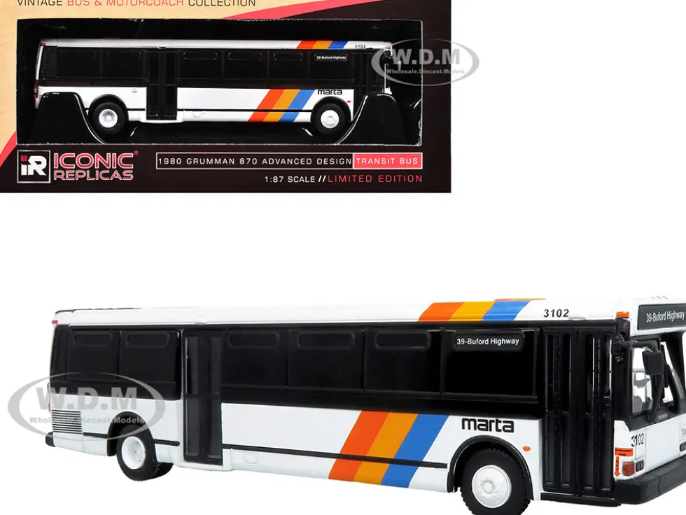 1980 Grumman 870 Advanced Design Transit Bus "MARTA Atlanta" White with Stripes "Vintage Bus & Motorcoach Collection" Limited Edition 1/87 (HO) Diecast Model by Iconic Replicas