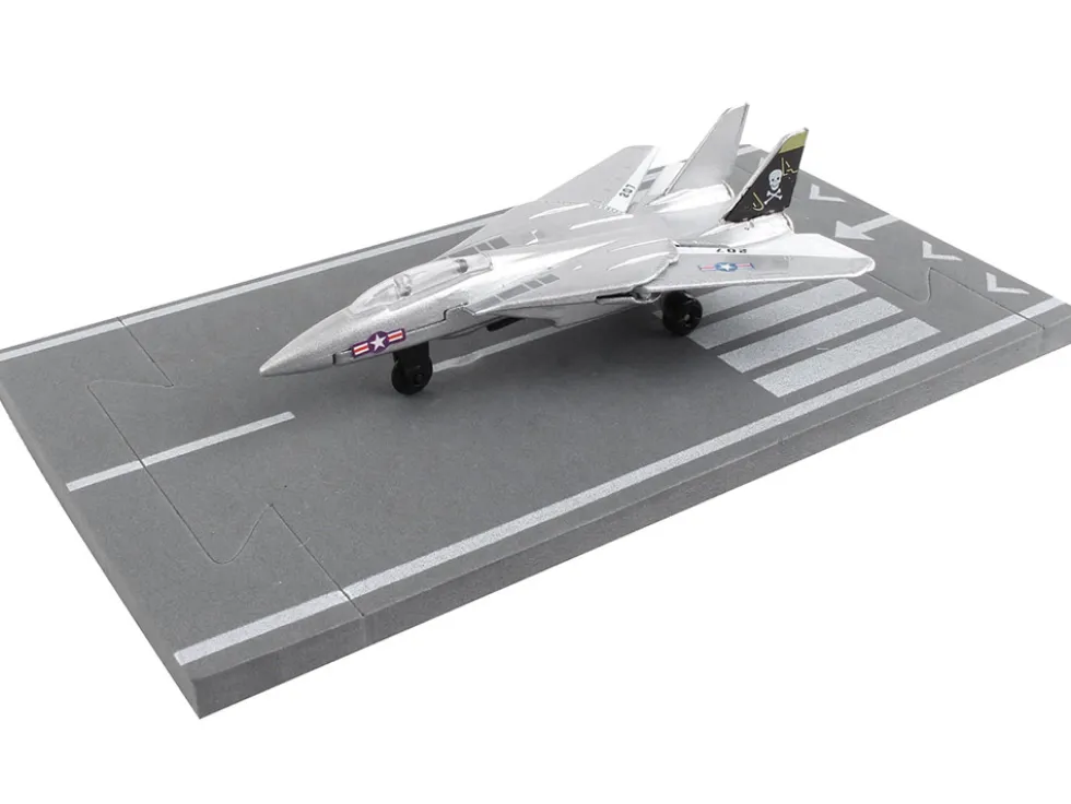 Grumman F 14 Tomcat Fighter Aircraft Silver Metallic United States Navy VF 84 Jolly Rogers with Runway Section Diecast Model Airplane Runway24 RW115