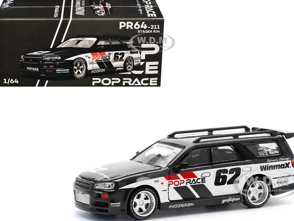 GT-R Stagea RHD (Right Hand Drive) #62 "Simon's Garage" Black with White Sides 1/64 Diecast Model Car by Pop Race