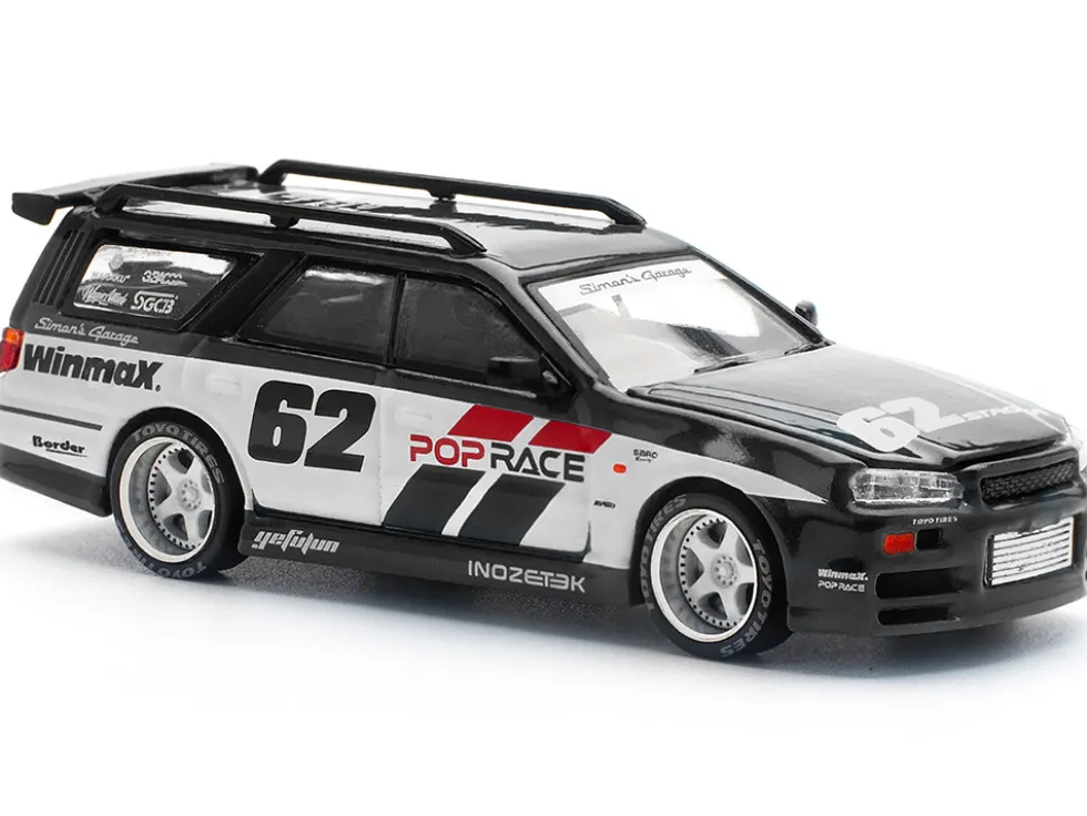 GT-R Stagea RHD (Right Hand Drive) #62 "Simon's Garage" Black with White Sides 1/64 Diecast Model Car by Pop Race