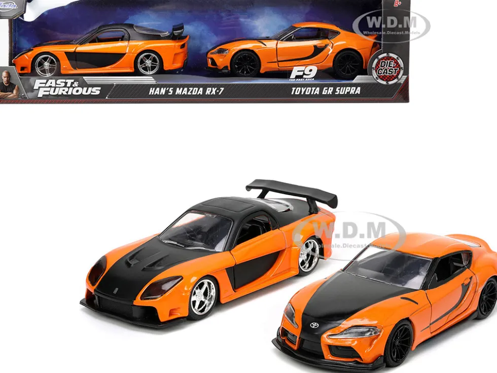 Han's Mazda RX-7 Orange Metallic Matt Black Toyota GR Supra Orange Metallic Black Hood Set 2 pieces Fast & Furious Series 1/32 Diecast Model Cars Jada 32910
