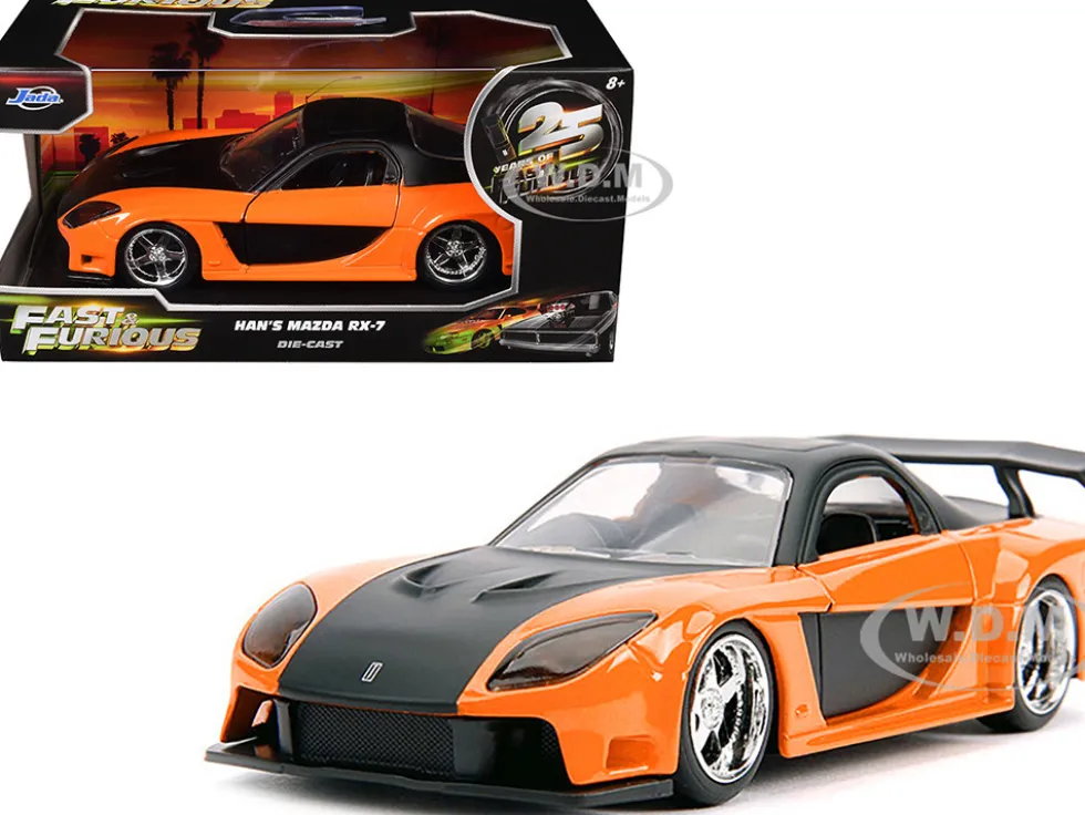 Han's Mazda RX-7 RHD (Right Hand Drive) Orange Metallic and Black "25 Years of Fast & Furious" "The Fast and the Furious: Tokyo Drift" (2006) Movie "Fast & Furious" Series 1/32 Diecast Model Car by Jada