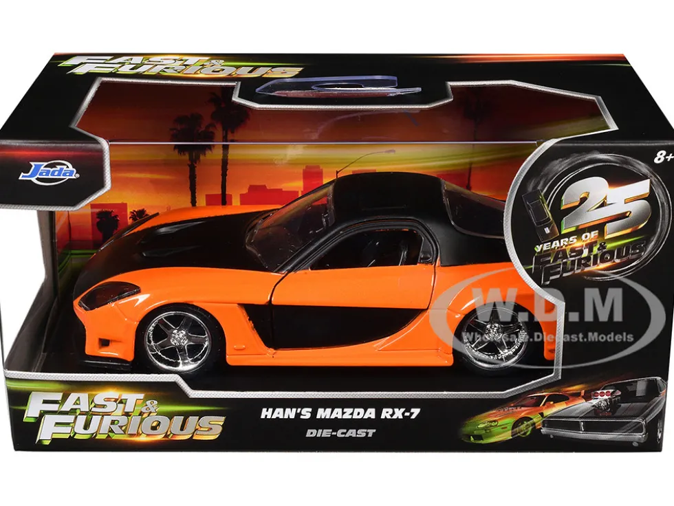 Han's Mazda RX-7 RHD (Right Hand Drive) Orange Metallic and Black "25 Years of Fast & Furious" "The Fast and the Furious: Tokyo Drift" (2006) Movie "Fast & Furious" Series 1/32 Diecast Model Car by Jada