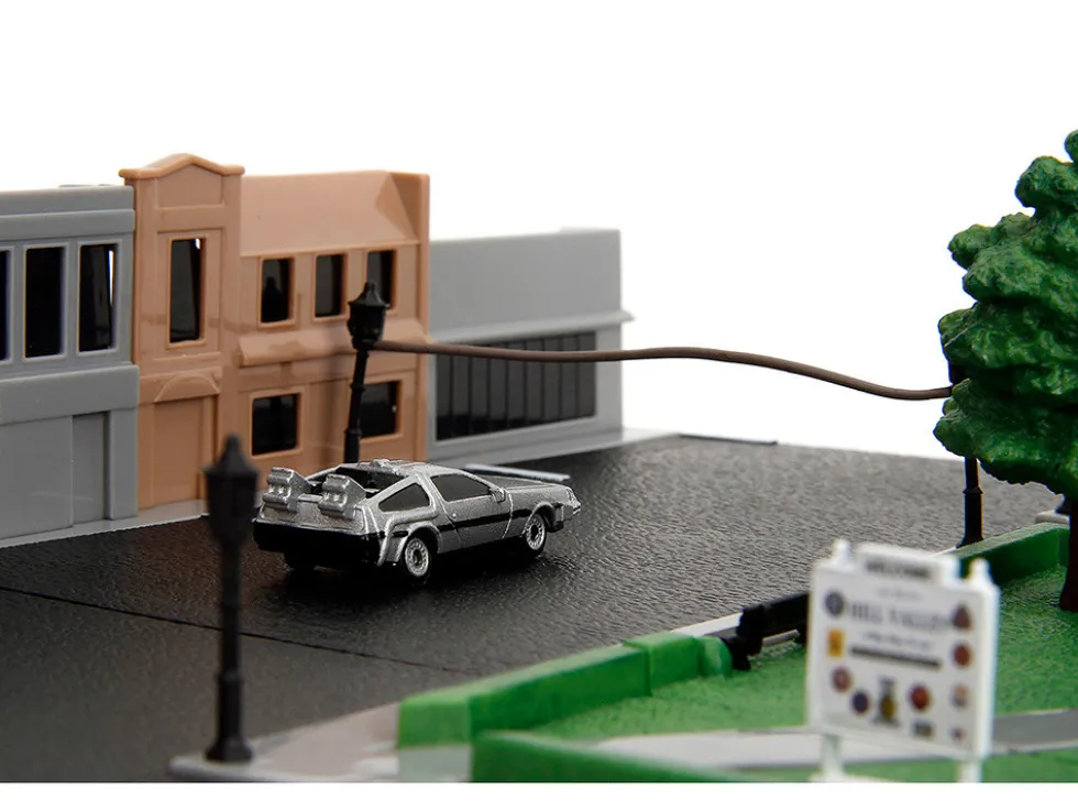 Hill Valley Courthouse Diorama with Black Pickup Truck and Delorean "Back to the Future" (1985) Movie "Nano Scene" Series Model by Jada