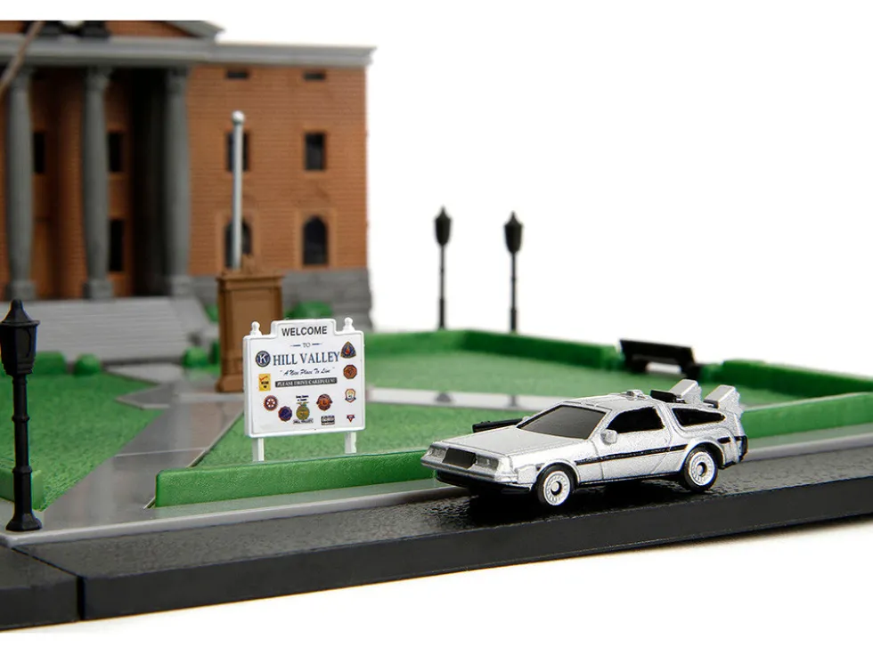 Hill Valley Courthouse Diorama with Black Pickup Truck and Delorean "Back to the Future" (1985) Movie "Nano Scene" Series Model by Jada