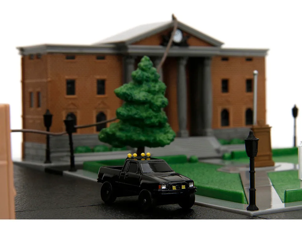 Hill Valley Courthouse Diorama with Black Pickup Truck and Delorean "Back to the Future" (1985) Movie "Nano Scene" Series Model by Jada