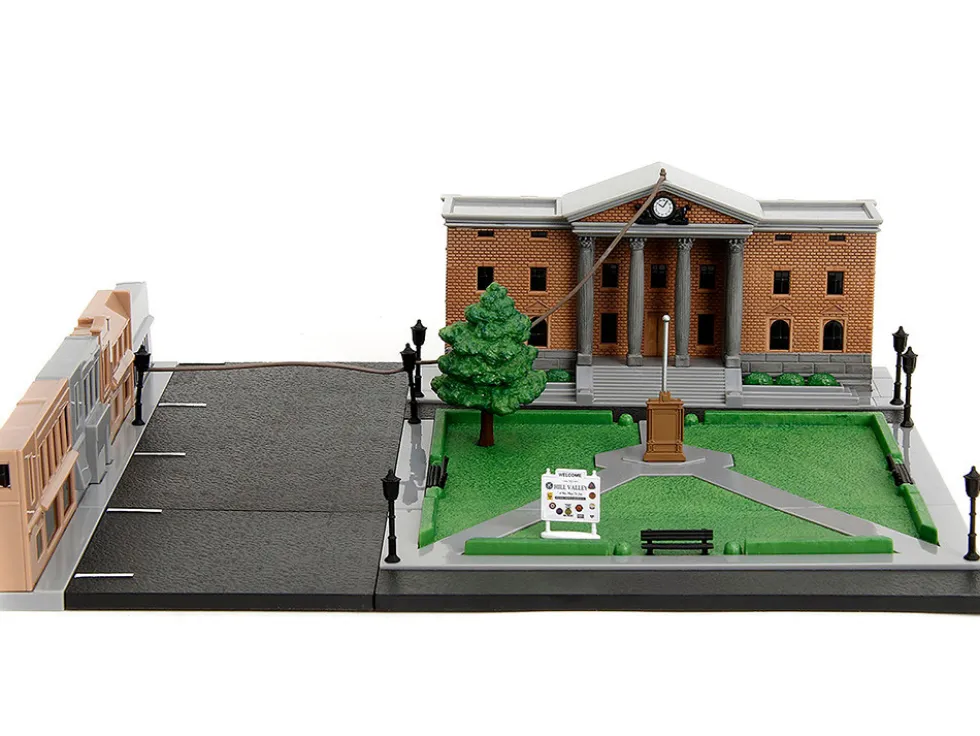 Hill Valley Courthouse Diorama with Black Pickup Truck and Delorean "Back to the Future" (1985) Movie "Nano Scene" Series Model by Jada