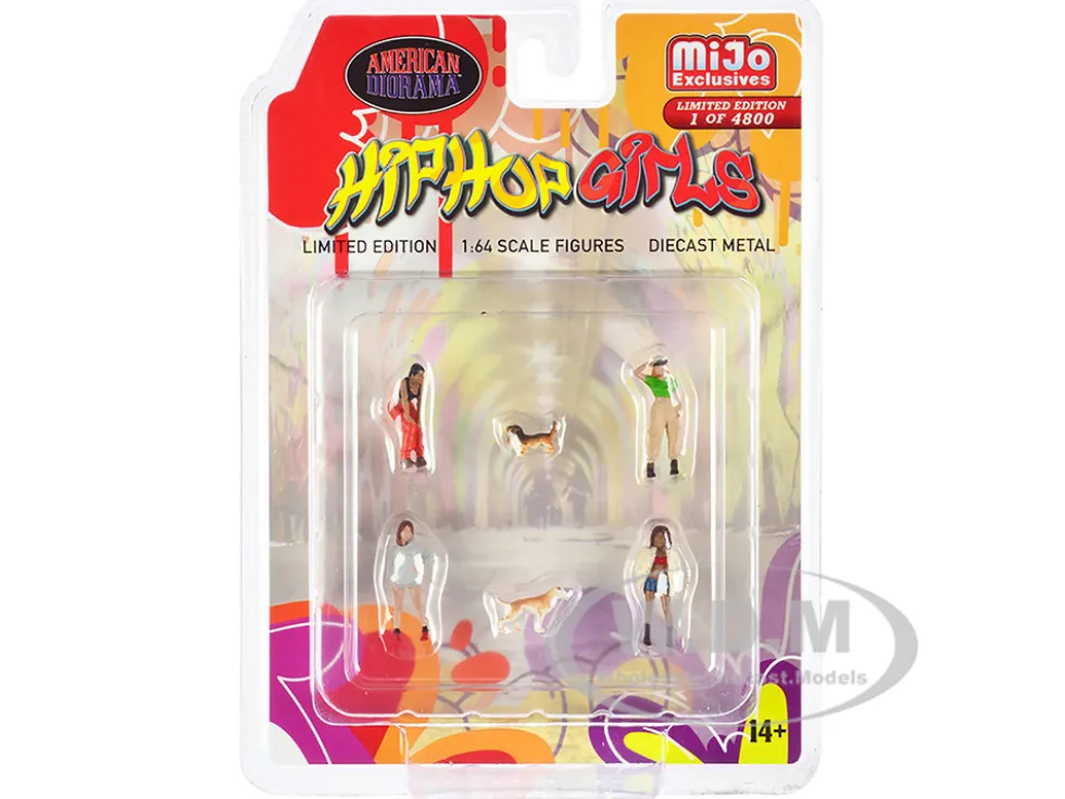 Hip Hop Girls 6 piece Diecast Set 4 Women 2 Dog Figures Limited Edition 4800 pieces Worldwide 1/64 Scale Models American Diorama AD-76505MJ