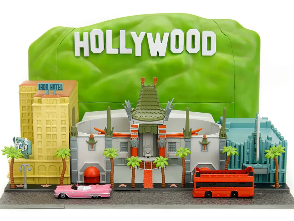 Hollywood 100 Walk of Fame Diorama with Pink Convertible and Double Decker Bus Nano Scene Series model Jada 34807