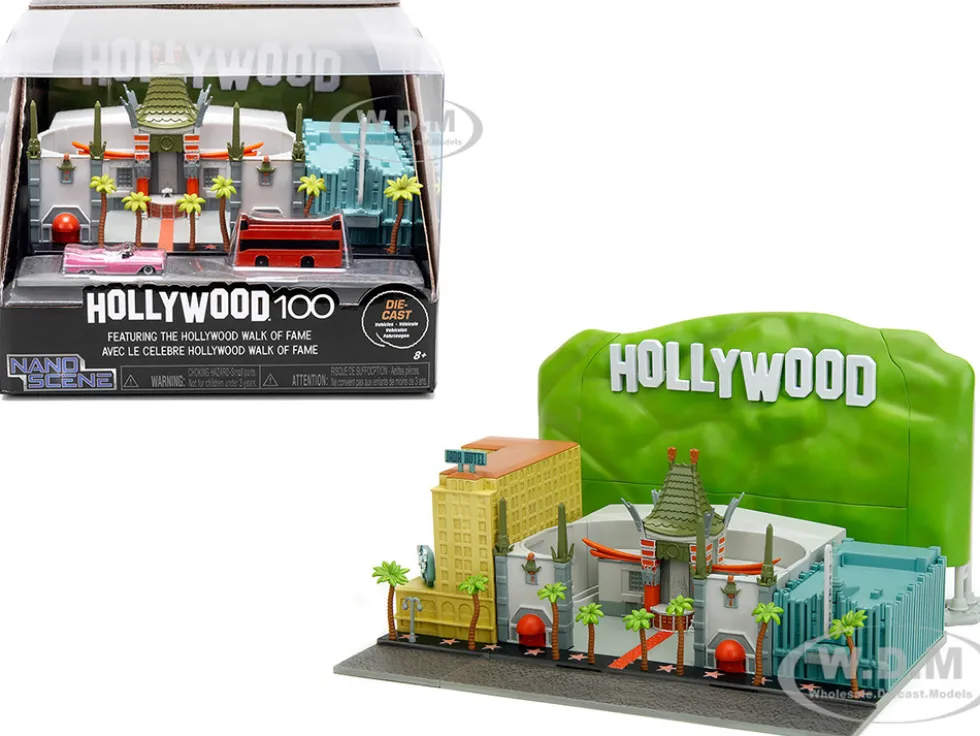 Hollywood 100 Walk of Fame Diorama with Pink Convertible and Double Decker Bus Nano Scene Series model Jada 34807