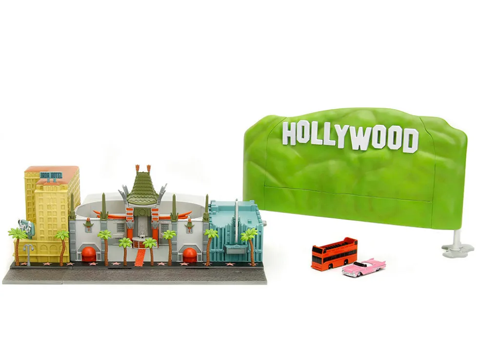 Hollywood 100 Walk of Fame Diorama with Pink Convertible and Double Decker Bus Nano Scene Series model Jada 34807