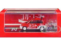 Honda City Turbo II RHD Right Hand Drive Red and White Coca Cola with Honda Motocompo Scooter 1/64 Diecast Model Car Inno Models COKE058