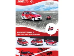 Honda City Turbo II RHD Right Hand Drive Red and White Coca Cola with Honda Motocompo Scooter 1/64 Diecast Model Car Inno Models COKE058