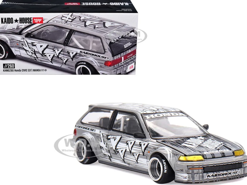 Honda Civic (EF) "Manga V1" Gray Metallic with Graphics (Designed by Jun Imai) "Kaido House" Special 1/64 Diecast Model Car by Mini GT