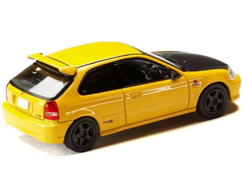 Honda Civic (EK9) RHD (Right Hand Drive) Yellow with Carbon Hood "Initial D" (1995-2013) Manga "Diorama Set Series" 1/64 Diecast Model Car by Hobby Japan
