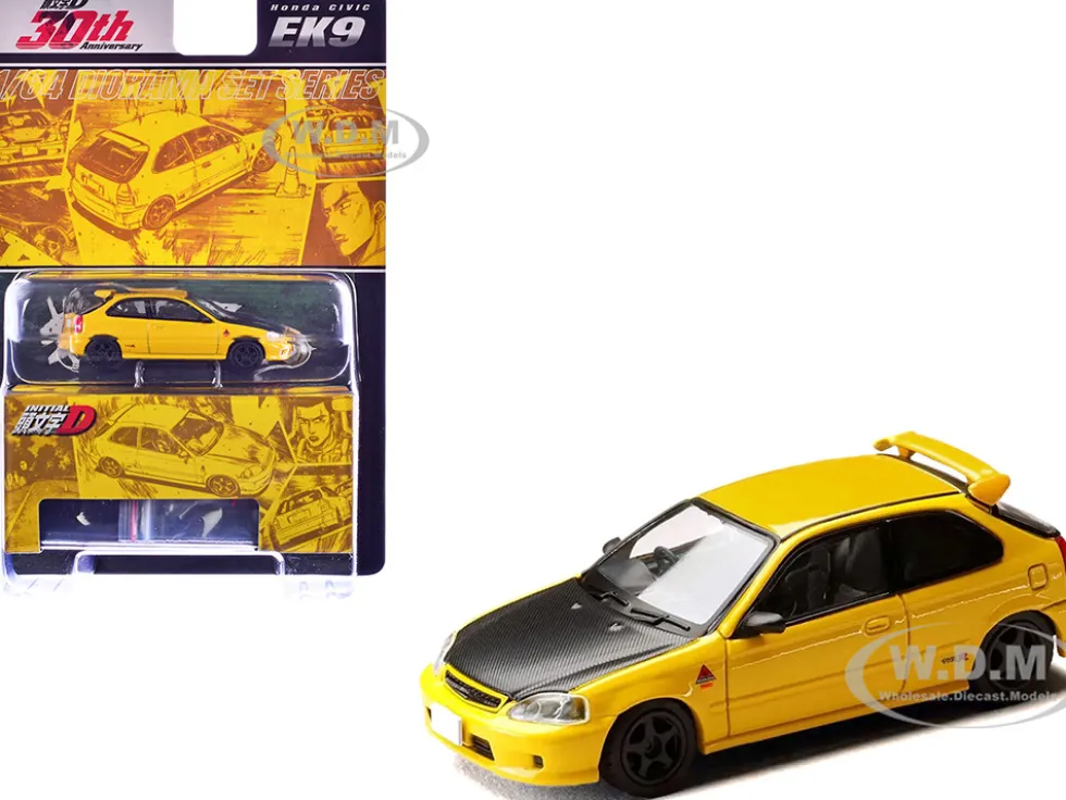 Honda Civic (EK9) RHD (Right Hand Drive) Yellow with Carbon Hood "Initial D" (1995-2013) Manga "Diorama Set Series" 1/64 Diecast Model Car by Hobby Japan