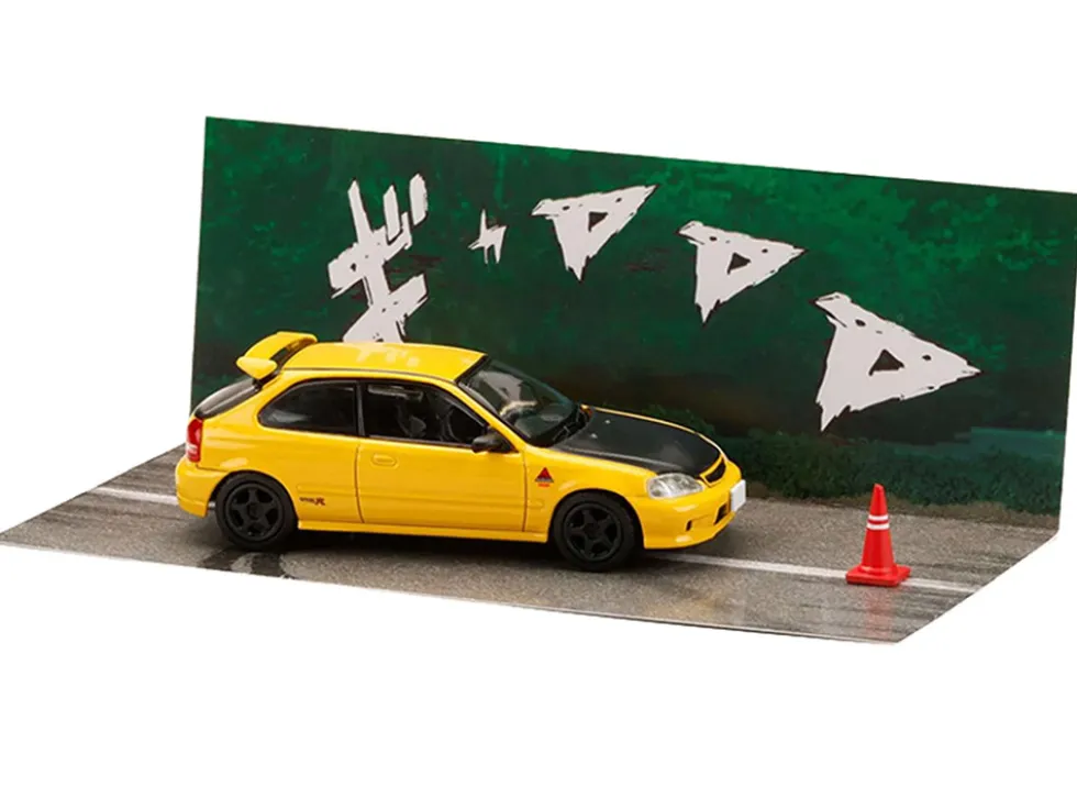 Honda Civic (EK9) RHD (Right Hand Drive) Yellow with Carbon Hood "Initial D" (1995-2013) Manga "Diorama Set Series" 1/64 Diecast Model Car by Hobby Japan