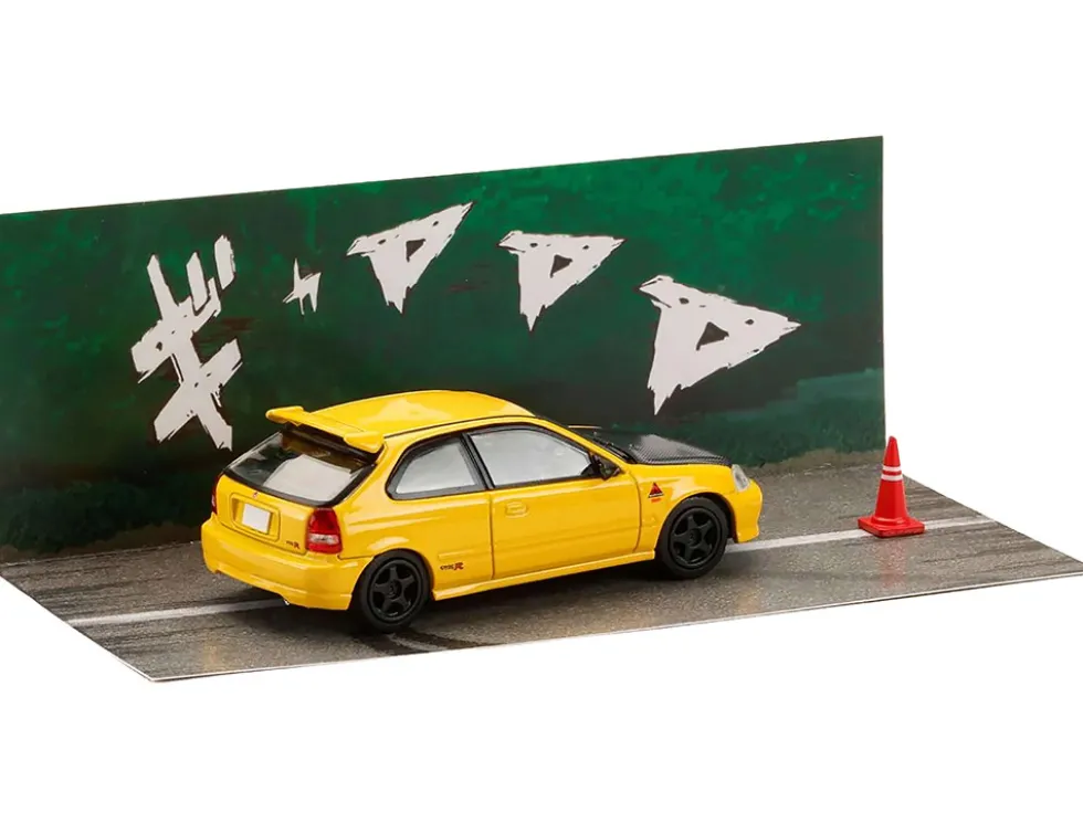 Honda Civic (EK9) RHD (Right Hand Drive) Yellow with Carbon Hood "Initial D" (1995-2013) Manga "Diorama Set Series" 1/64 Diecast Model Car by Hobby Japan