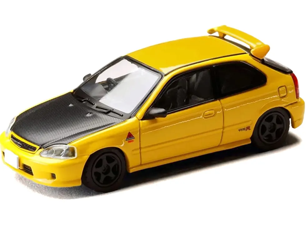 Honda Civic (EK9) RHD (Right Hand Drive) Yellow with Carbon Hood "Initial D" (1995-2013) Manga "Diorama Set Series" 1/64 Diecast Model Car by Hobby Japan