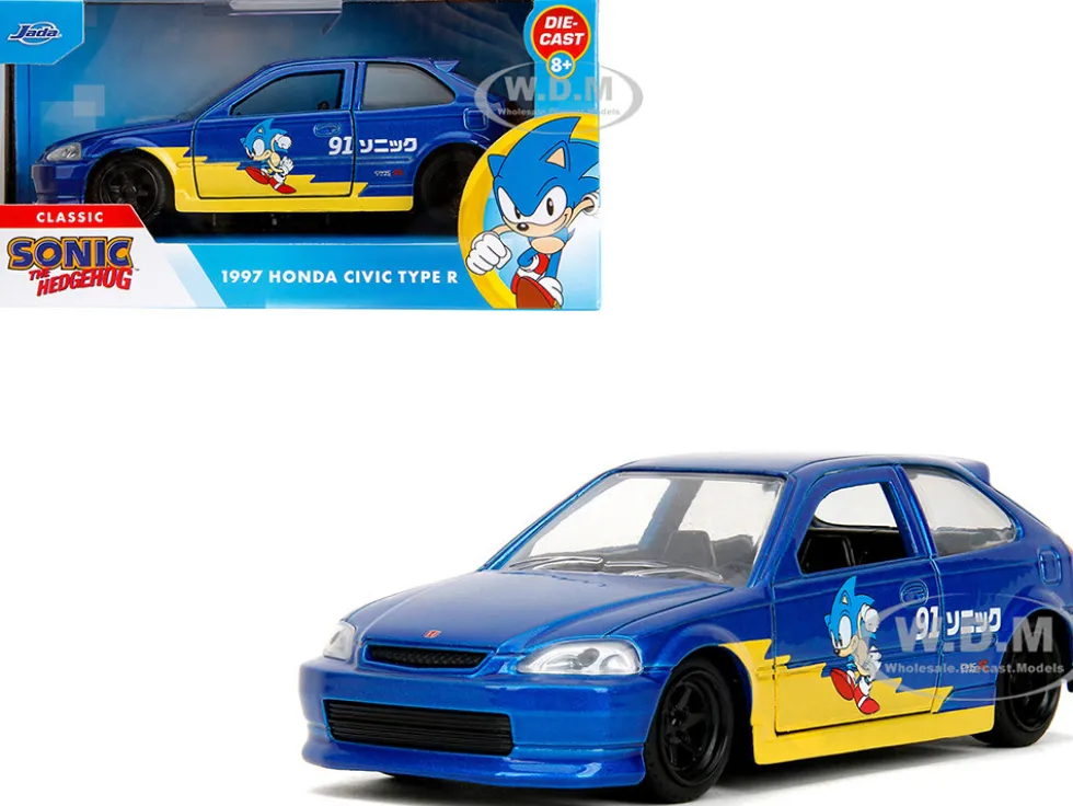 1997 Honda Civic Type R Blue Metallic with Graphics "Sonic the Hedgehog" (1991) Video Game "Hollywood Rides" Series 1/32 Diecast Model Car by Jada
