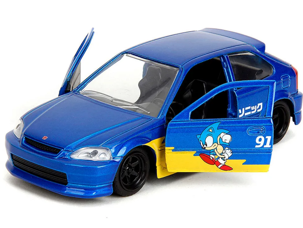1997 Honda Civic Type R Blue Metallic with Graphics "Sonic the Hedgehog" (1991) Video Game "Hollywood Rides" Series 1/32 Diecast Model Car by Jada
