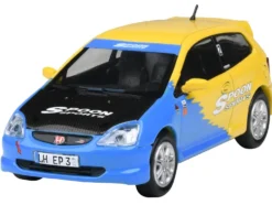 2001 Honda Civic Type R EP3 Blue and Yellow with Black Hood "Spoon Sports" 1/64 Diecast Model Car by Paragon Models