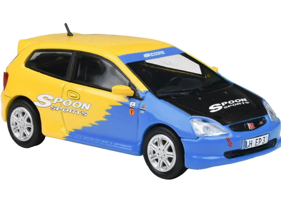 2001 Honda Civic Type R EP3 Blue and Yellow with Black Hood "Spoon Sports" 1/64 Diecast Model Car by Paragon Models