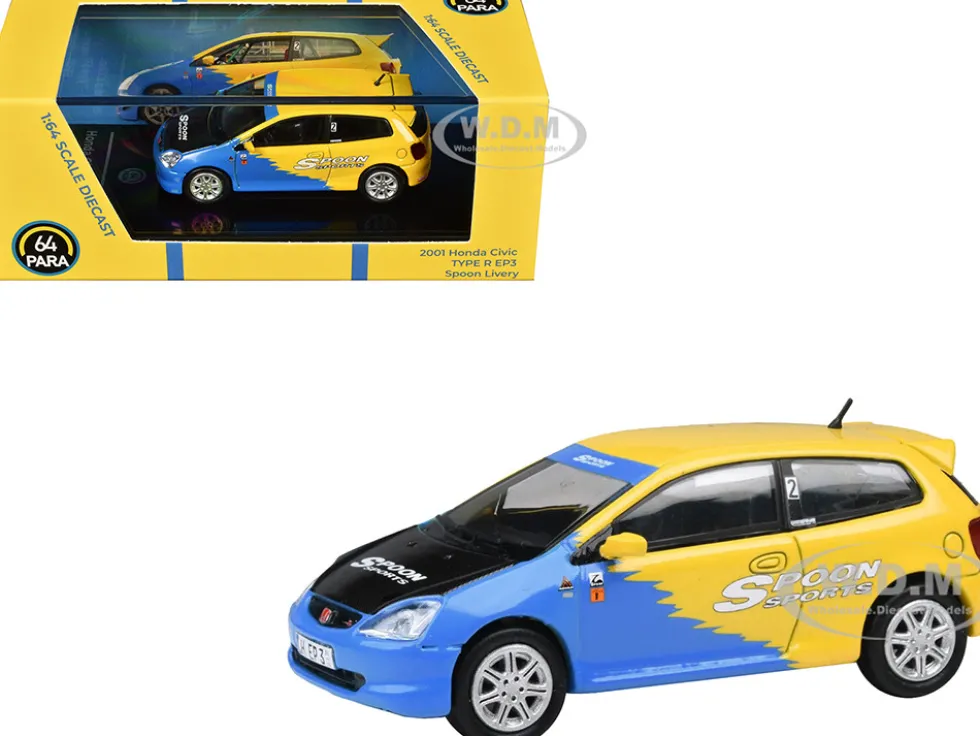 2001 Honda Civic Type R EP3 Blue and Yellow with Black Hood "Spoon Sports" 1/64 Diecast Model Car by Paragon Models