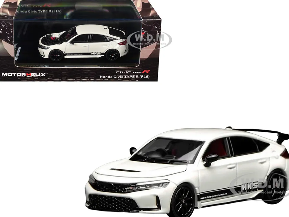 Honda Civic Type R (FL5) RHD (Right Hand Drive) "HKS" White with Black Stripes 1/64 Diecast Model Car by MotorHelix