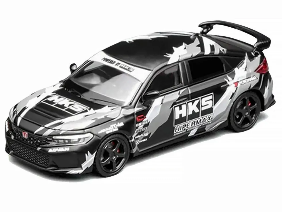 Honda Civic Type R (FL5) RHD (Right Hand Drive) "HKS" Matt Black with Graphics 1/64 Diecast Model Car by MotorHelix