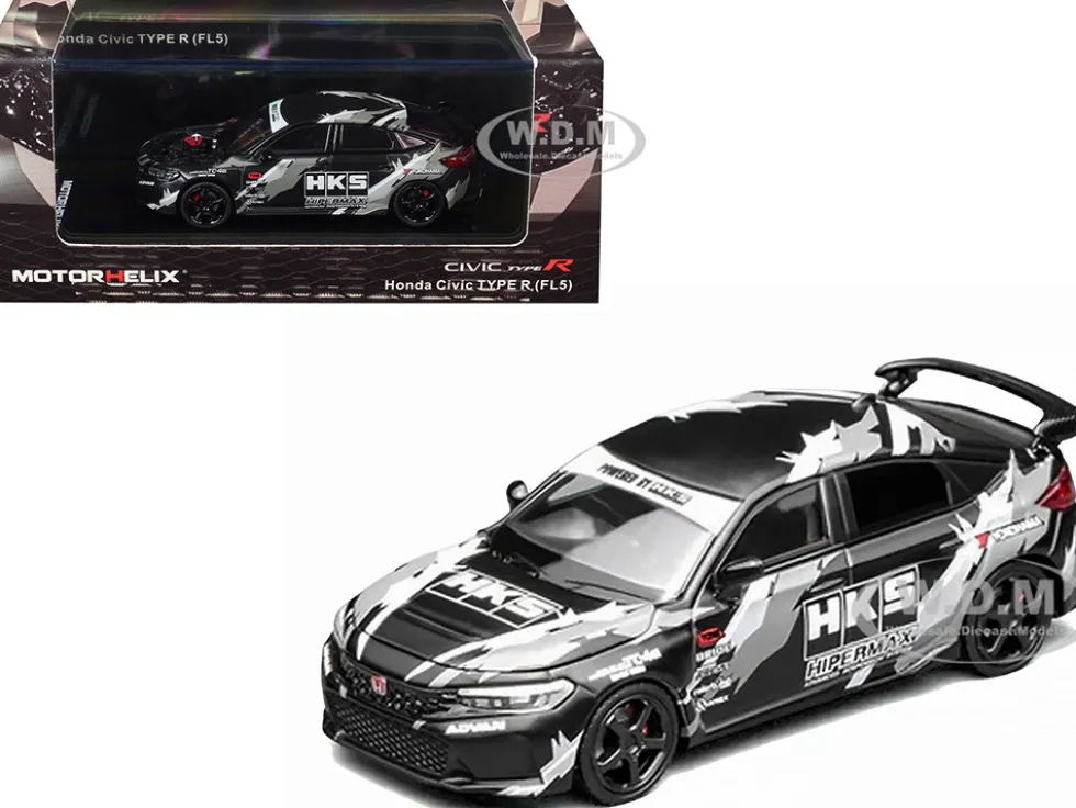 Honda Civic Type R (FL5) RHD (Right Hand Drive) "HKS" Matt Black with Graphics 1/64 Diecast Model Car by MotorHelix