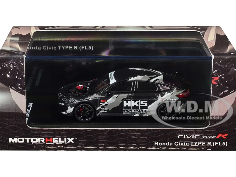 Honda Civic Type R (FL5) RHD (Right Hand Drive) "HKS" Matt Black with Graphics 1/64 Diecast Model Car by MotorHelix