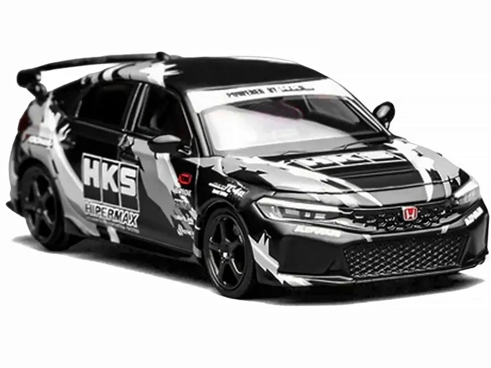 Honda Civic Type R (FL5) RHD (Right Hand Drive) "HKS" Matt Black with Graphics 1/64 Diecast Model Car by MotorHelix