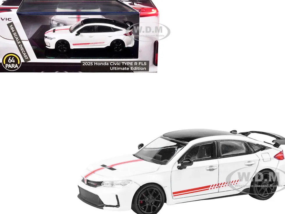 2025 Honda Civic Type R FL5 "Ultimate Edition" White with Red Stripes and Black Top 1/64 Diecast Model Car by Paragon Models