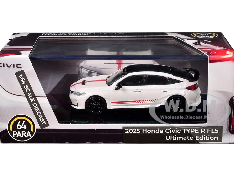 2025 Honda Civic Type R FL5 "Ultimate Edition" White with Red Stripes and Black Top 1/64 Diecast Model Car by Paragon Models