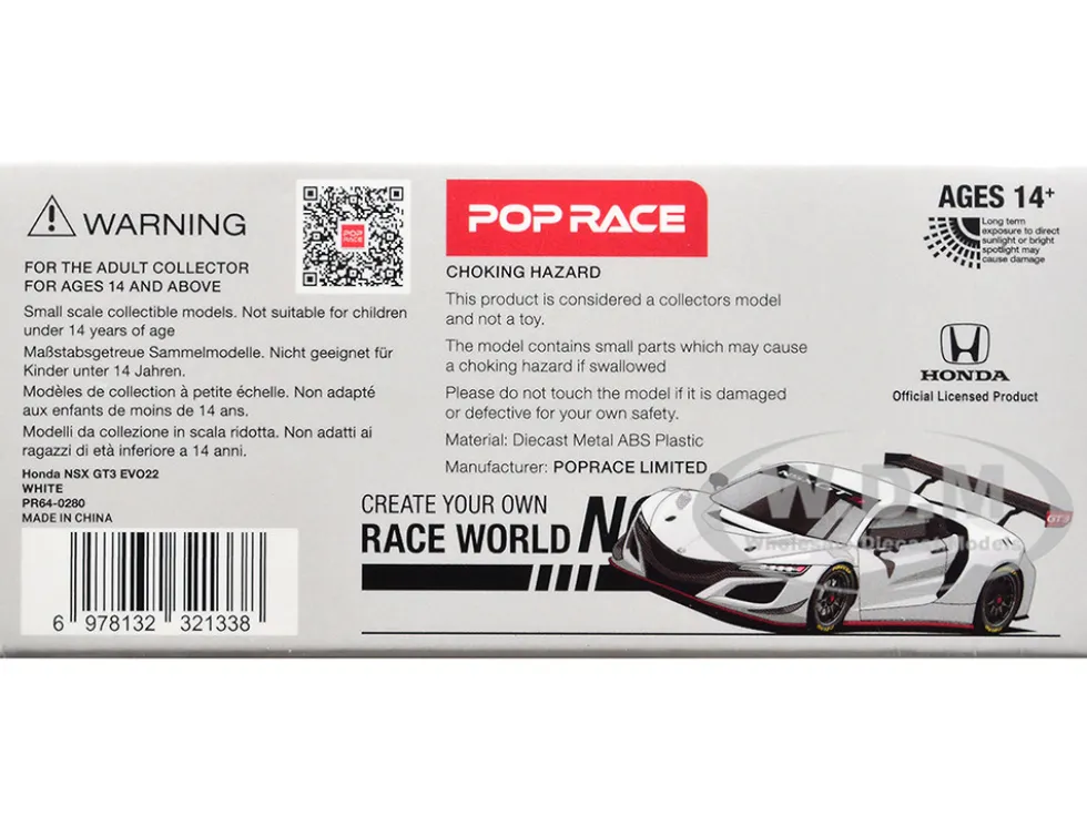Honda NSX GT3 EVO22 White 1/64 Diecast Model Car by Pop Race