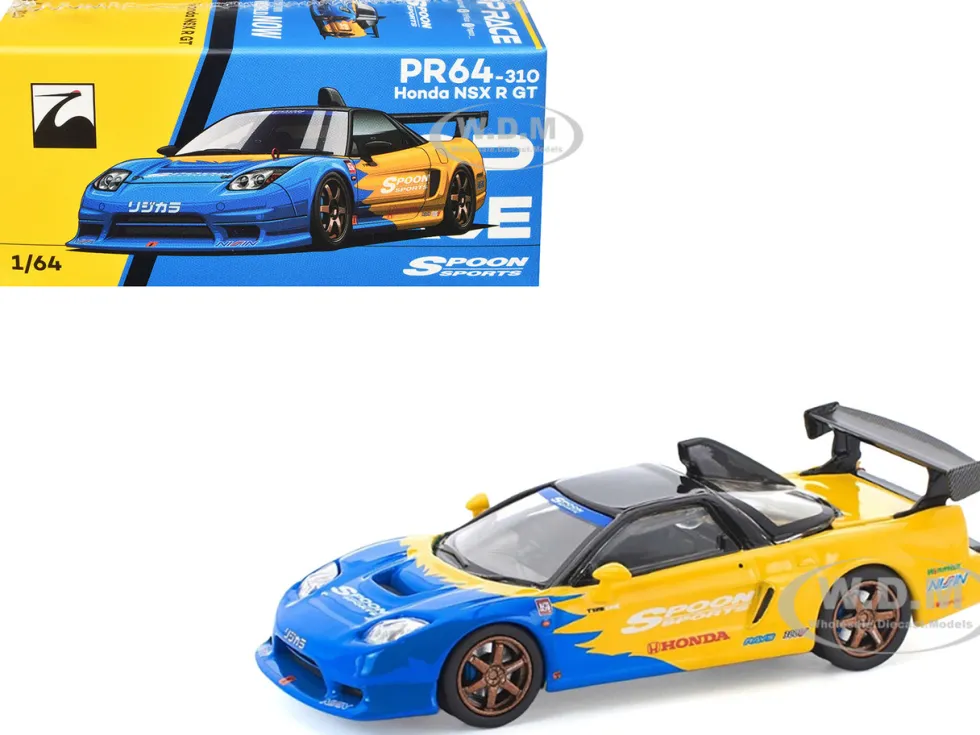 Honda NSX-R GT RHD (Right Hand Drive) "Spoon Sports" Blue and Yellow with Black Top 1/64 Diecast Model Car by Pop Race