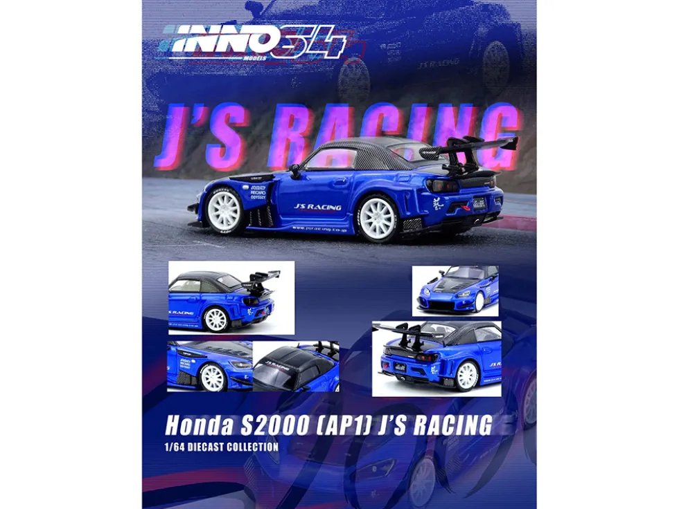 Honda S2000 RHD (Right Hand Drive) "J's Racing" Blue Metallic with Carbon Hood and Top 1/64 Diecast Model Car by Inno Models