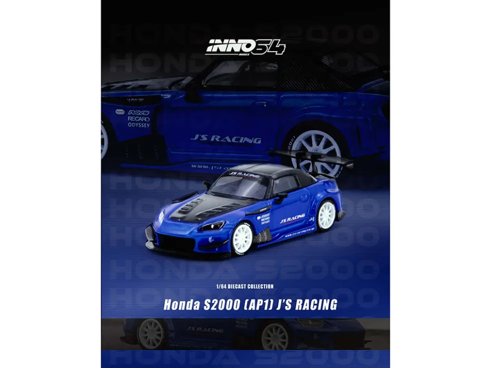 Honda S2000 RHD (Right Hand Drive) "J's Racing" Blue Metallic with Carbon Hood and Top 1/64 Diecast Model Car by Inno Models
