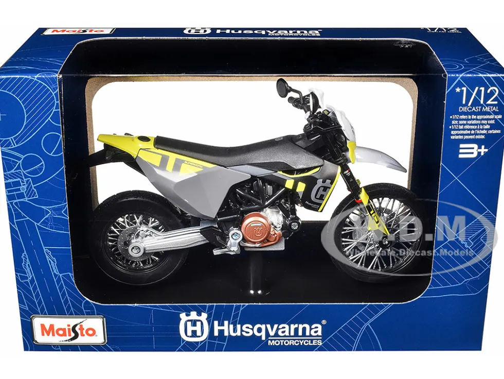2023 Husqvarna 701 Supermoto Motorcycle Matt Black and Gray with Yellow and White Accents with Display Base 1/12 Diecast Model by Maisto