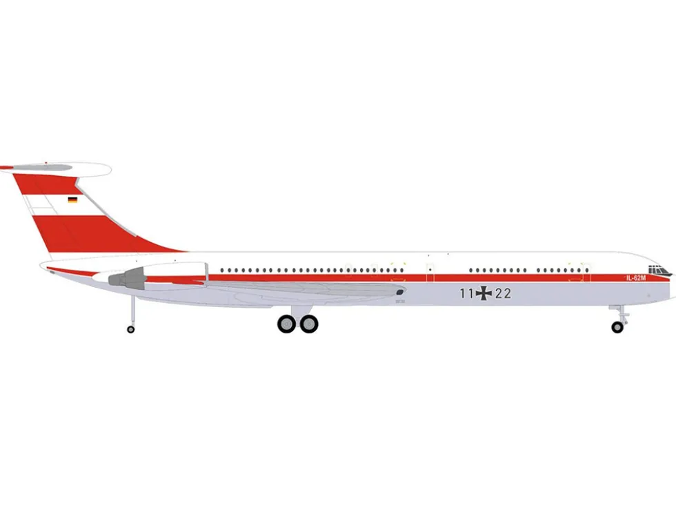 Ilyushin IL-62M Commercial Aircraft "German Luftwaffe" (11+22) White with Red Stripes 1/200 Diecast Model Airplane by Herpa