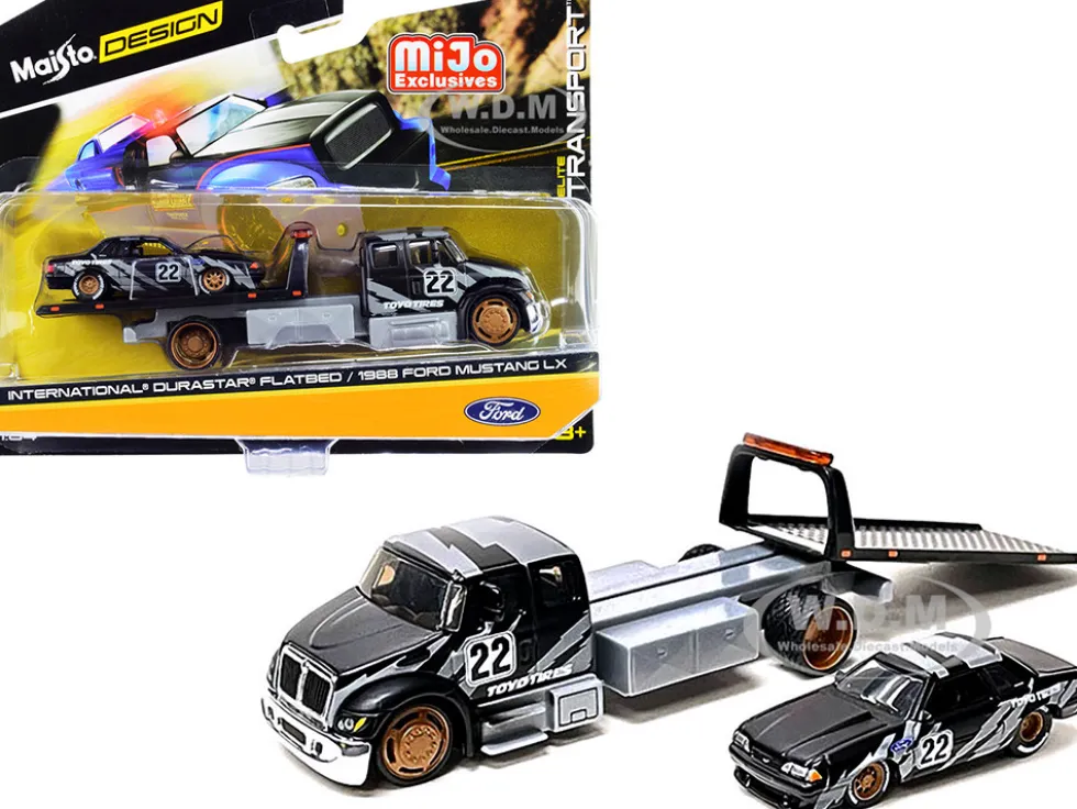 International DuraStar Flatbed Truck #22 and 1988 Ford Mustang LX #22 Matt Black with Gray Graphics Toyo Tires Elite Transport Series 1/64 Diecast Models Maisto 15055-21TY