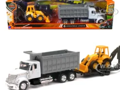 International Lonestar Dump Truck White and Wheel Loader Yellow with Flatbed Trailer Long Haul Truckers Series 1/43 Diecast Model New Ray 16633A