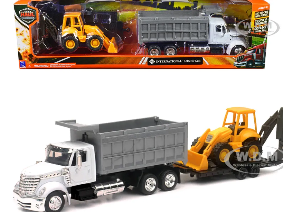 International Lonestar Dump Truck White and Wheel Loader Yellow with Flatbed Trailer Long Haul Truckers Series 1/43 Diecast Model New Ray 16633A