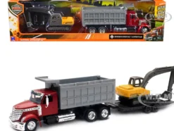 International Lonestar Dump Truck Red and Tracked Excavator Yellow with Flatbed Trailer Long Haul Truckers Series 1/43 Diecast Model New Ray 16623