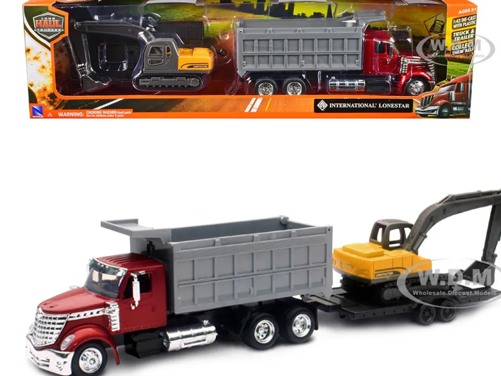 International Lonestar Dump Truck Red and Tracked Excavator Yellow with Flatbed Trailer Long Haul Truckers Series 1/43 Diecast Model New Ray 16623