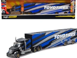 International LoneStar Enclosed Car Transporter Toyo Tires Black with Blue and Gray Stripes Custom Haulers Series 1/64 Diecast Model Maisto 12418-TO